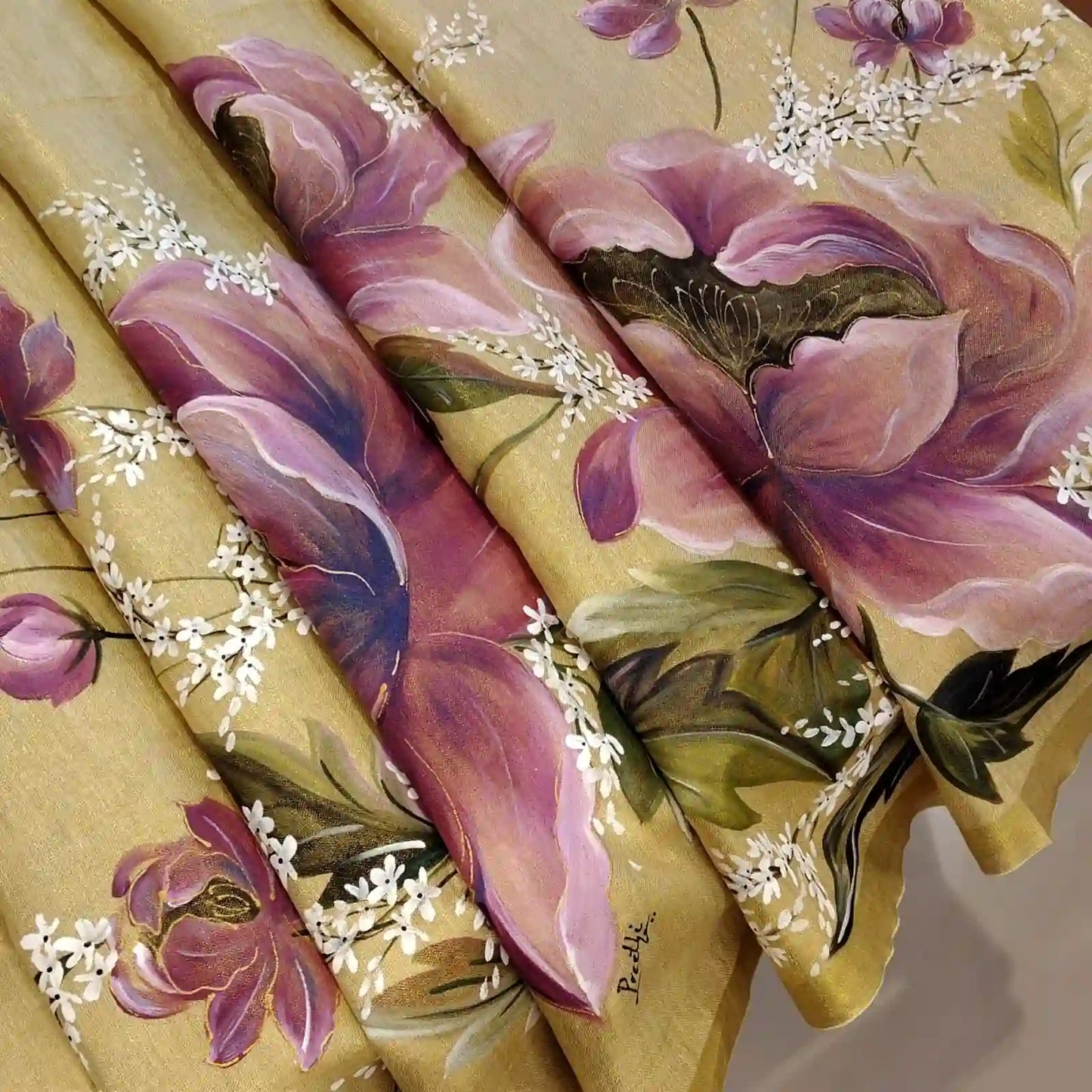 Elegant Linen Tissue Saree With Hand-Painted Peonies