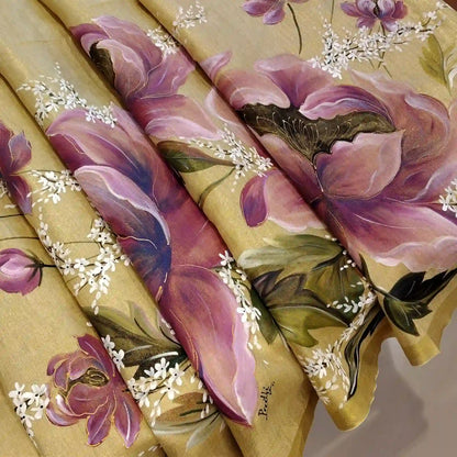 Elegant Linen Tissue Saree With Hand-Painted Peonies