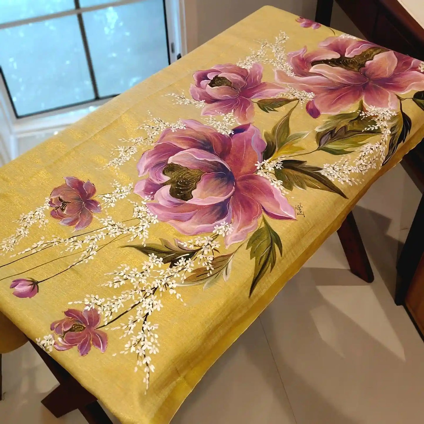 Elegant Linen Tissue Saree With Hand-Painted Peonies