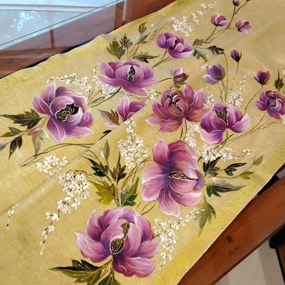 Elegant Linen Tissue Saree With Hand-Painted Peonies