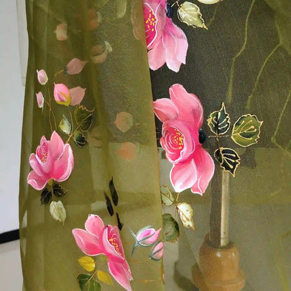 Elegant Organza Dupatta with Painted Wild Roses