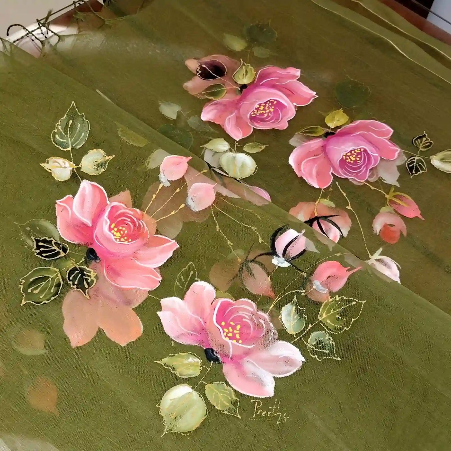 Elegant Organza Dupatta with Painted Wild Roses