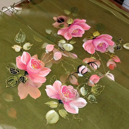 Elegant Organza Dupatta with Painted Wild Roses