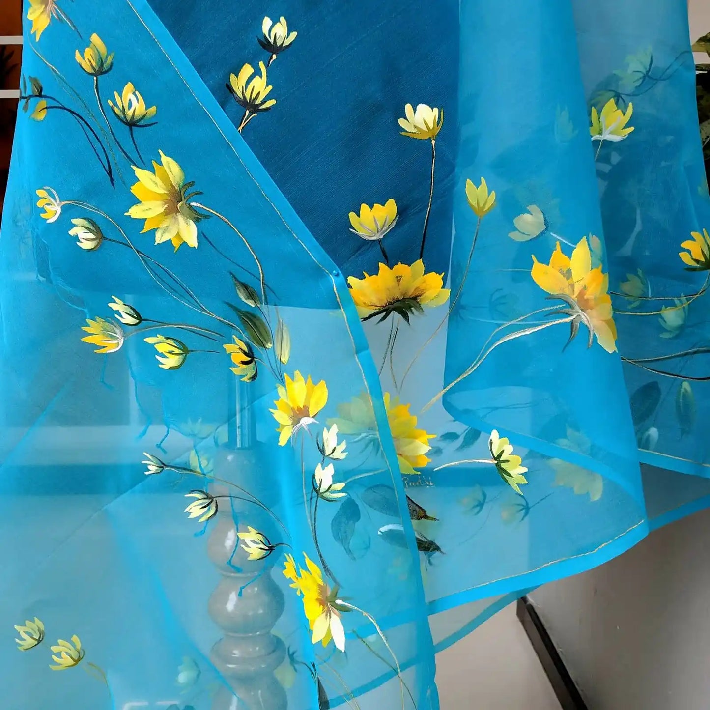 Blue Organza Dupatta with Painted Wild Flowers