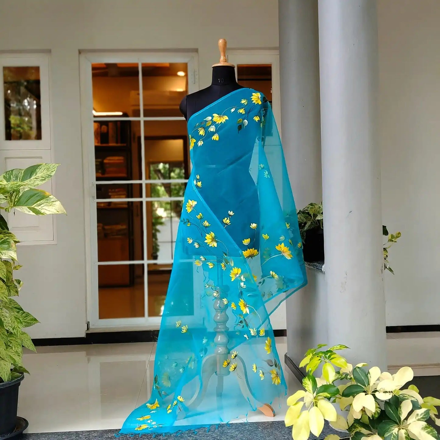 Blue Organza Dupatta with Painted Wild Flowers