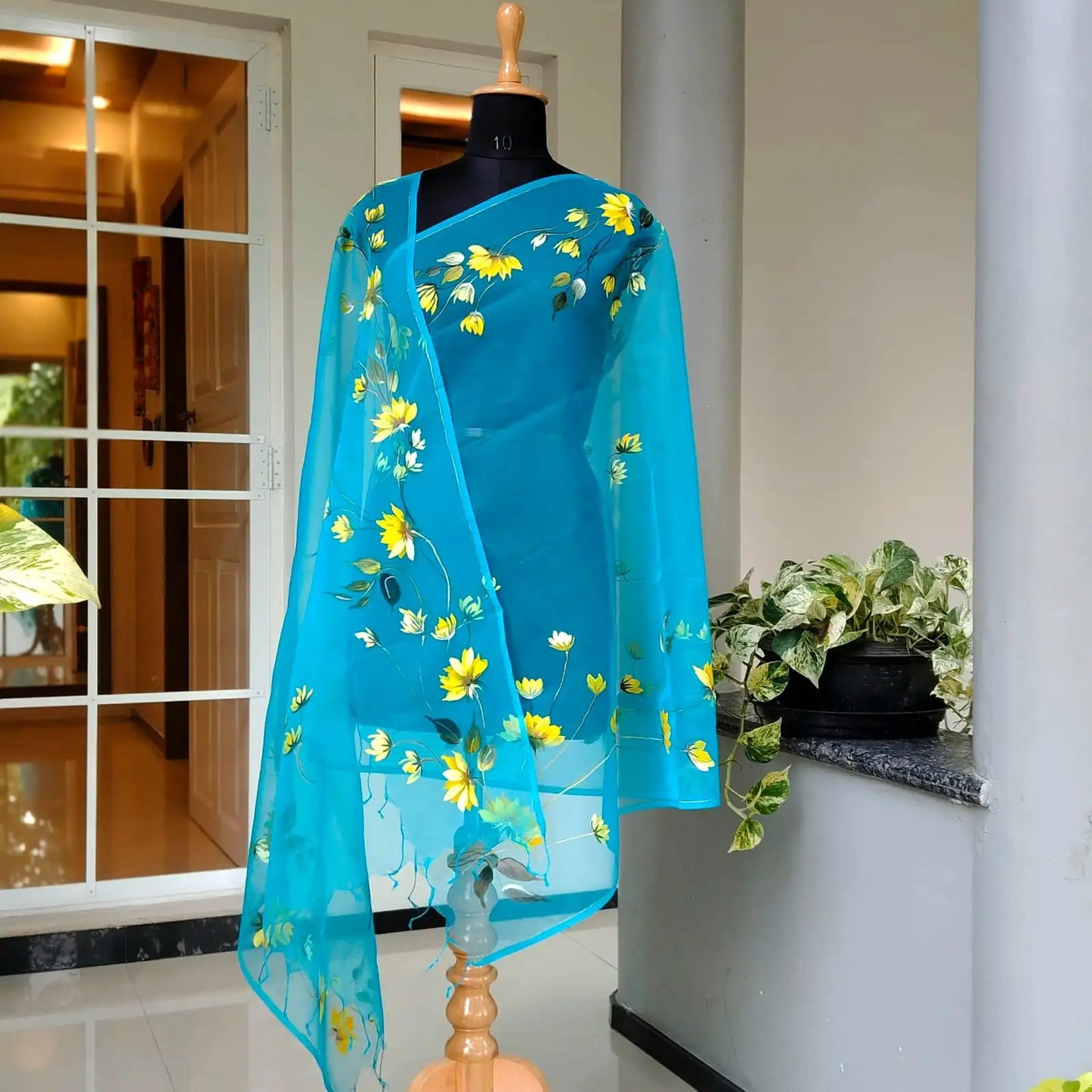 Blue Organza Dupatta with Painted Wild Flowers
