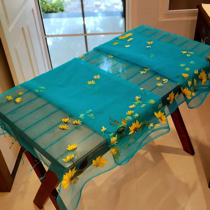 Blue Organza Dupatta with Painted Wild Flowers