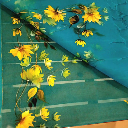 Blue Organza Dupatta with Painted Wild Flowers