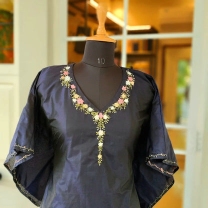 Hand-Embroidered Pure Silk Short Kaftan