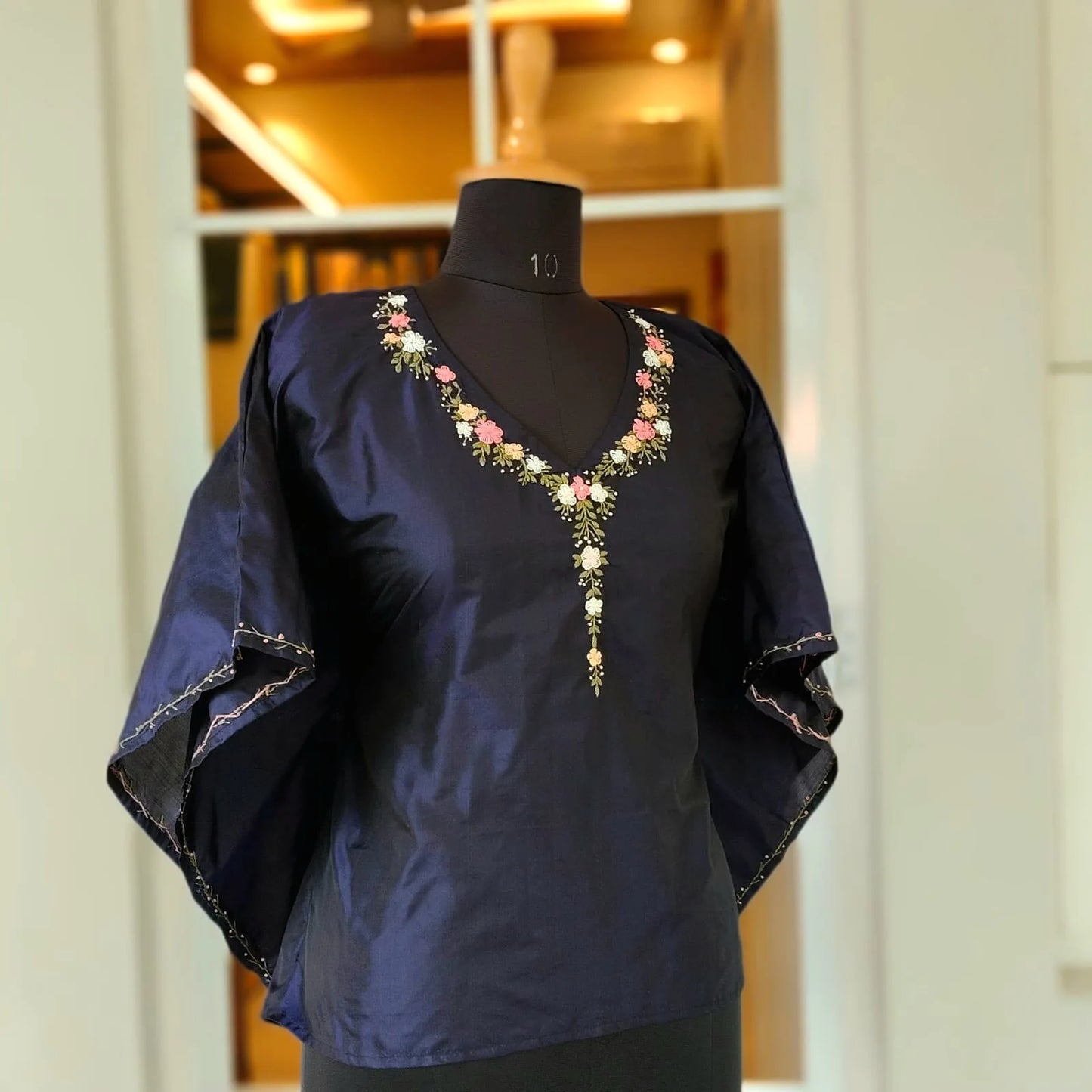 Hand-Embroidered Pure Silk Short Kaftan