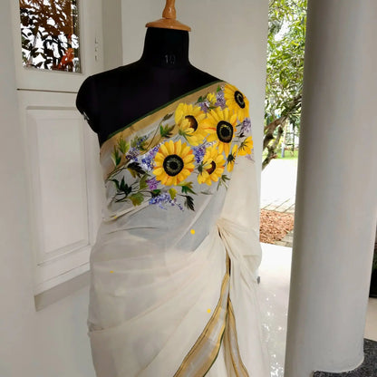 Sunflower Beauty on Kerala saree.