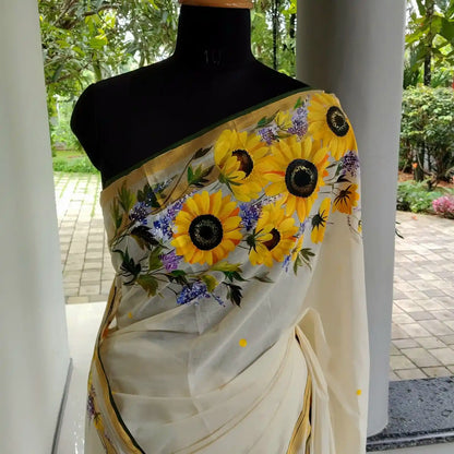 Sunflower Beauty on Kerala saree.
