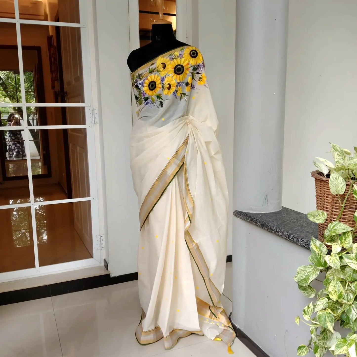 Sunflower Beauty on Kerala saree.