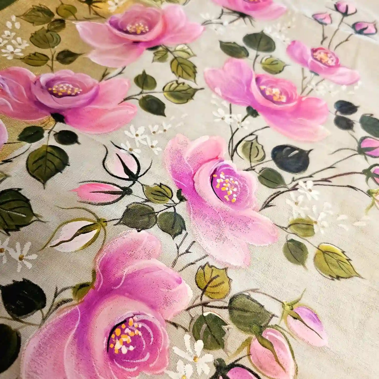 Hand-Painted Kerala Kasavu Saree -Rose Elegance