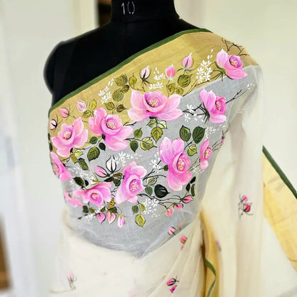 Hand-Painted Kerala Kasavu Saree -Rose Elegance