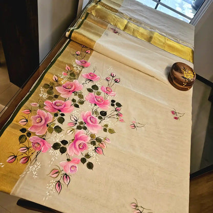 Hand-Painted Kerala Kasavu Saree -Rose Elegance