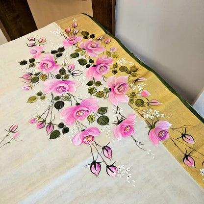 Hand-Painted Kerala Kasavu Saree -Rose Elegance