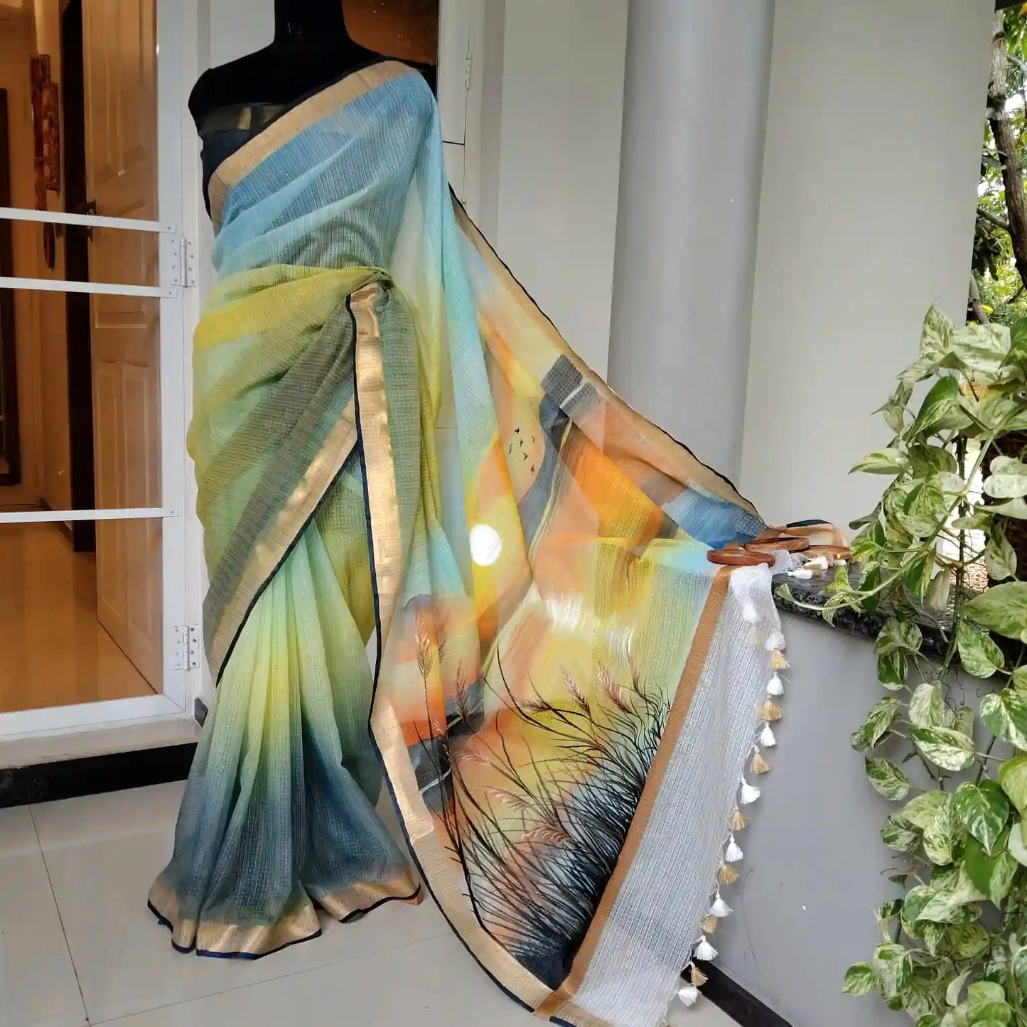 Hand-Painted Elegance In Kota Doria Fabric