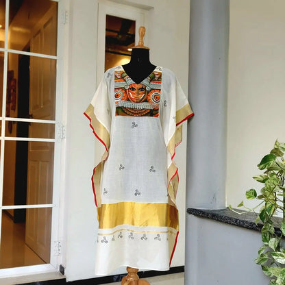 Hand- Painted Semi Stitched Kaftan in Theyyam Motif