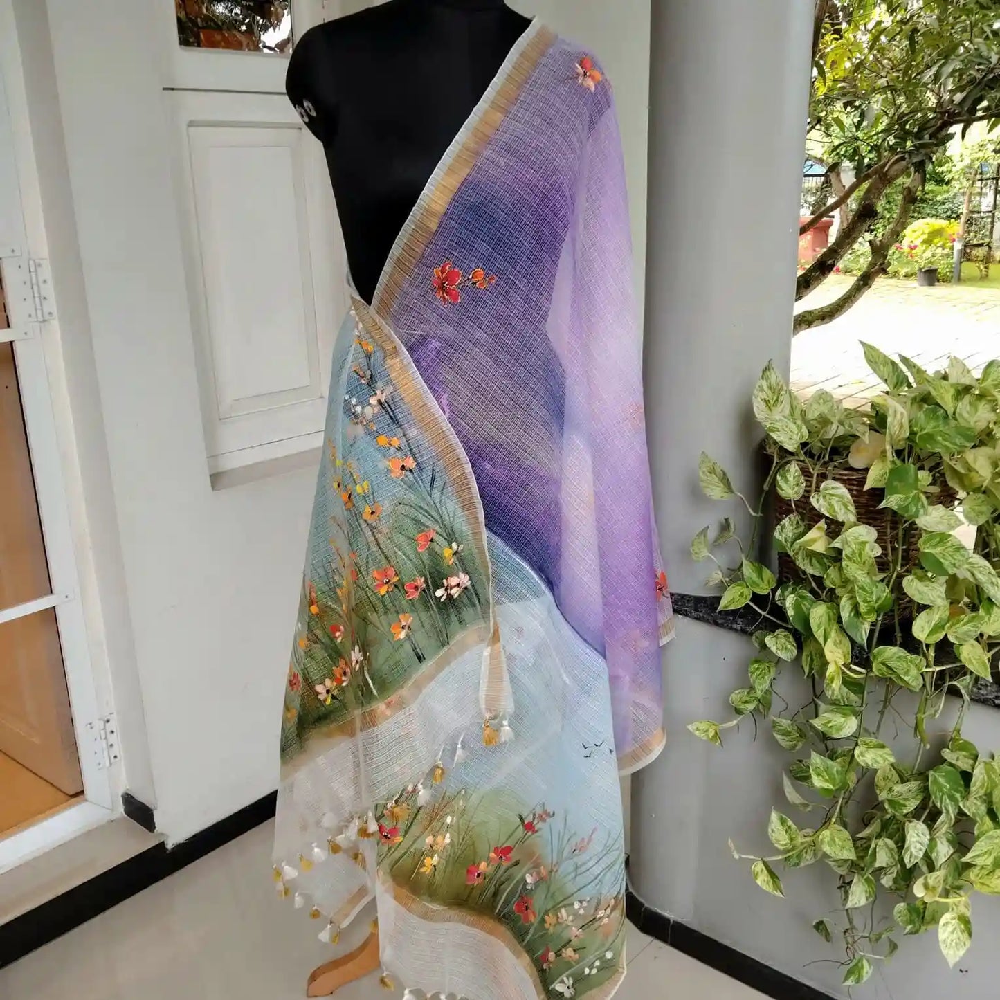 Artistic Landscape On Kota Doria Dupatta