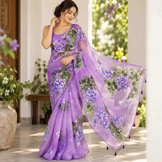 A Graceful Blend Of Hand-Dyeing And Hand-Painting On Pure Silk Organza Saree