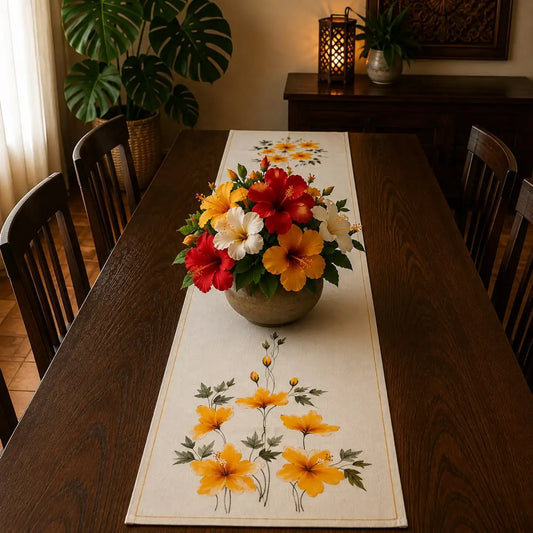 Hand-Painted Table Runner In Cotton Linen Mix Fabric