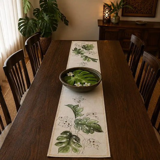 Hand-painted Monsteras on Table Runner