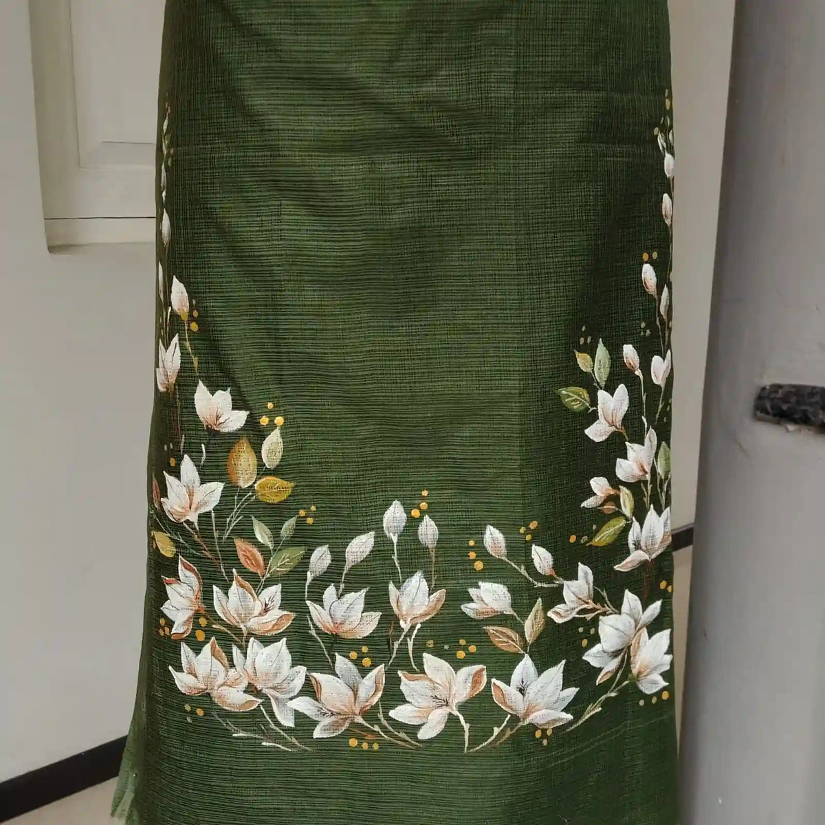 Gracefully Hand-Painted Kota Doria Salwar Set In Beautiful Henna Green