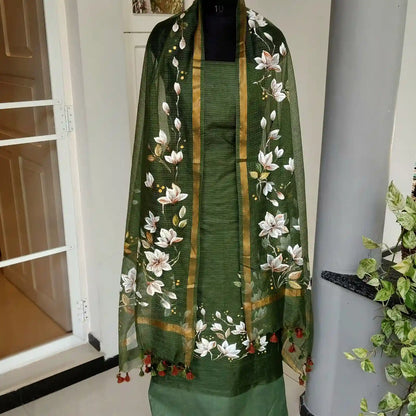 Gracefully Hand-Painted Kota Doria Salwar Set In Beautiful Henna Green