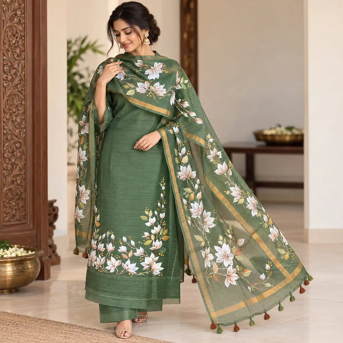 Gracefully Hand-Painted Kota Doria Salwar Set In Beautiful Henna Green