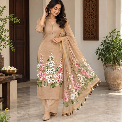 Hollyhocks Painted On Pretty Beige Kota Doria Kurti Set Fabric