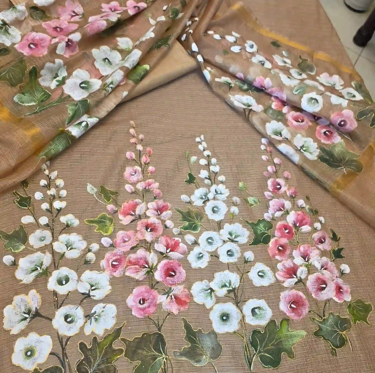 Hollyhocks Painted On Pretty Beige Kota Doria Kurti Set Fabric