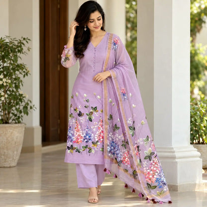Gorgeous Hand-Painted Kurti Set In Kota Doria Fabric
