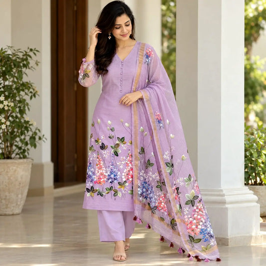 Gorgeous Hand-Painted Kurti Set In Kota Doria Fabric