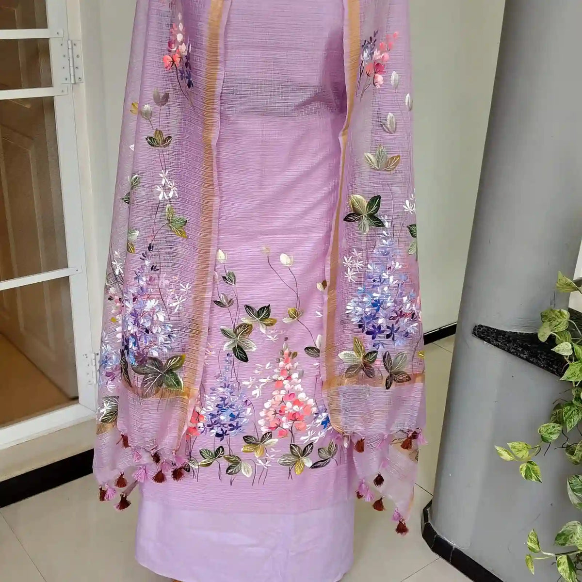 Gorgeous Hand-Painted Kurti Set In Kota Doria Fabric