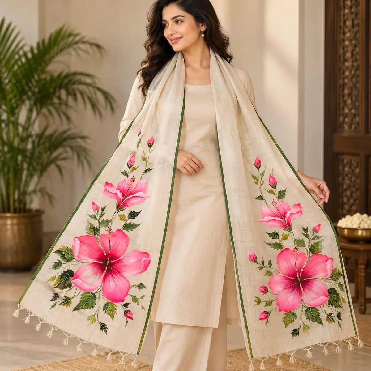 Gorgeous Hand-Painted Tusser Silk Dupatta