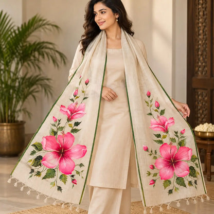 Gorgeous Hand-Painted Tusser Silk Dupatta