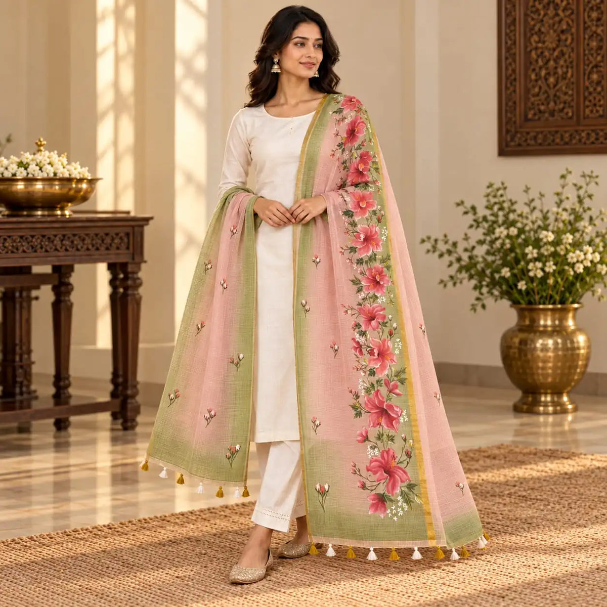 Elegant Hand-Painted And Handdyed Kota Doria Dupatta