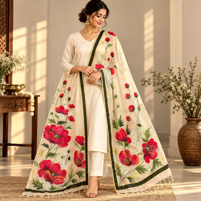 Beautiful Hand-Painted Dupatta In Tusser Silk