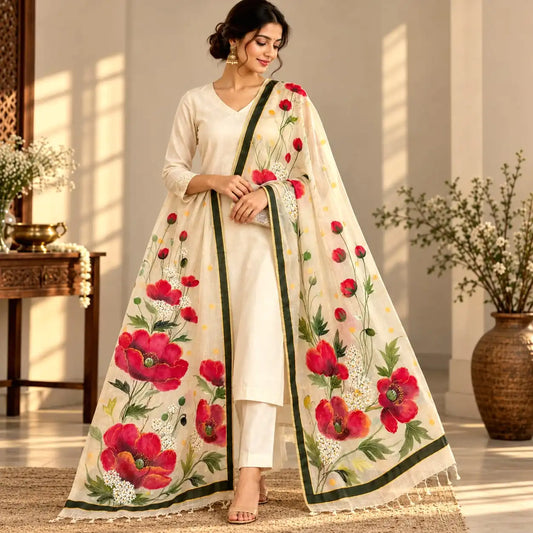 Beautiful Hand-Painted Dupatta In Tusser Silk