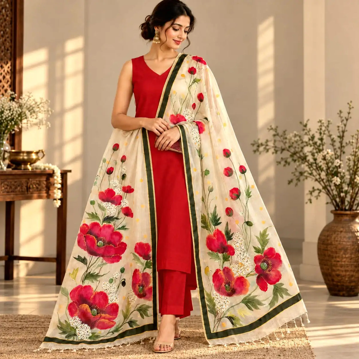 Beautiful Hand-Painted Dupatta In Tusser Silk