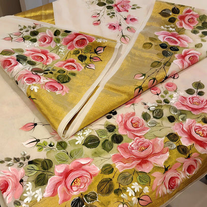 Elegant Kasavu Saree With Delicate Rose Art