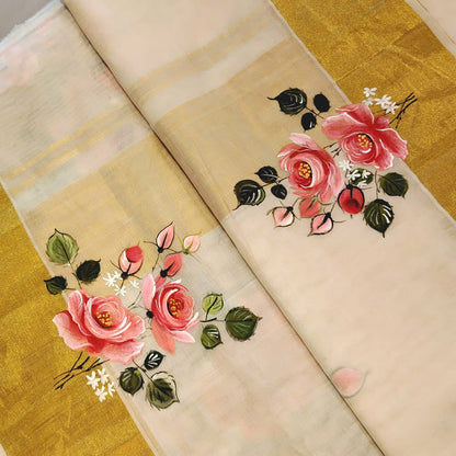Elegant Kasavu Saree With Delicate Rose Art