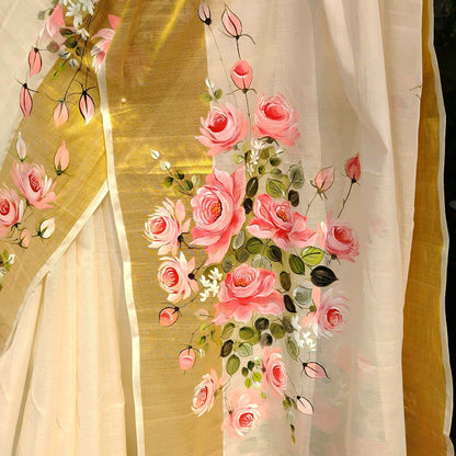 Elegant Kasavu Saree With Delicate Rose Art