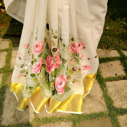Elegant Kasavu Saree With Delicate Rose Art