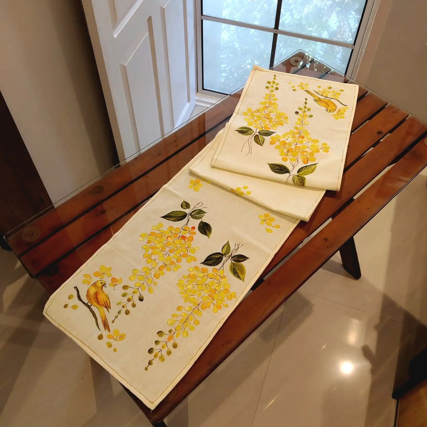 One-Of-A-kind Table Runner Highlighting Kerala’s Iconic Golden Shower Flowers