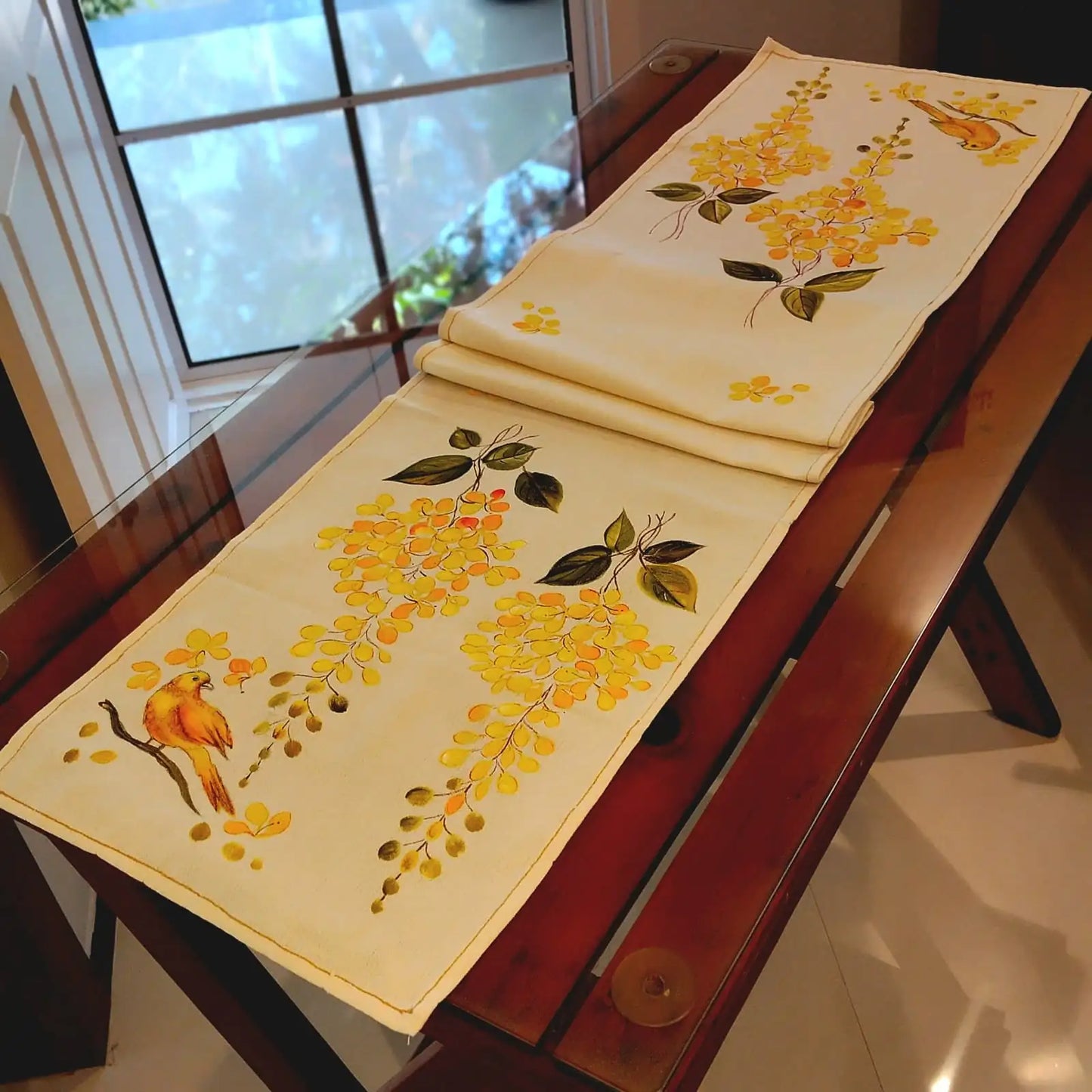 One-Of-A-kind Table Runner Highlighting Kerala’s Iconic Golden Shower Flowers