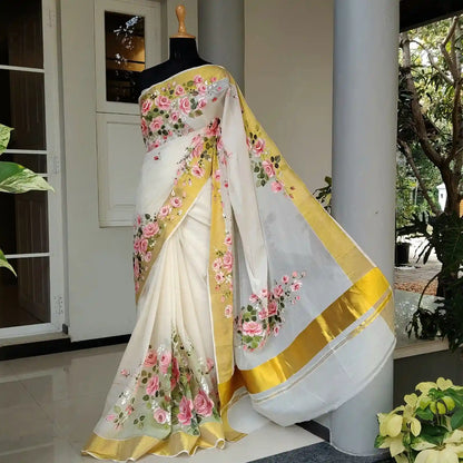 Elegant Kasavu Saree With Delicate Rose Art