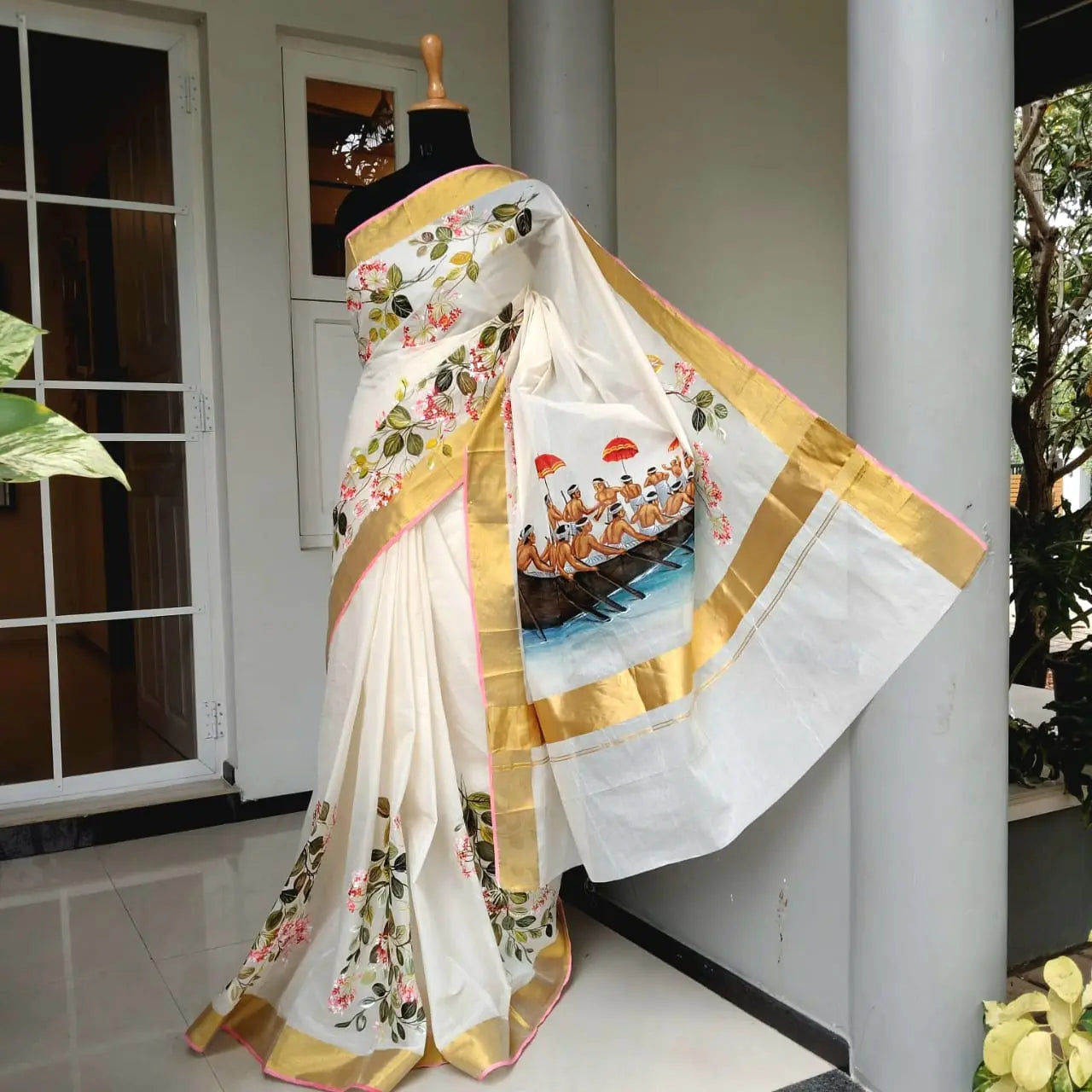 Classic Kerala Saree With Artisanal Boat Race Artwork