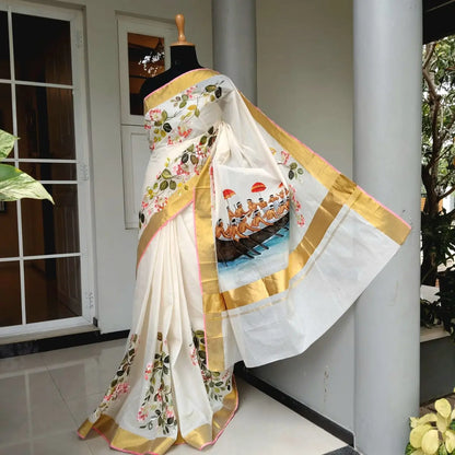 Classic Kerala Saree With Artisanal Boat Race Artwork